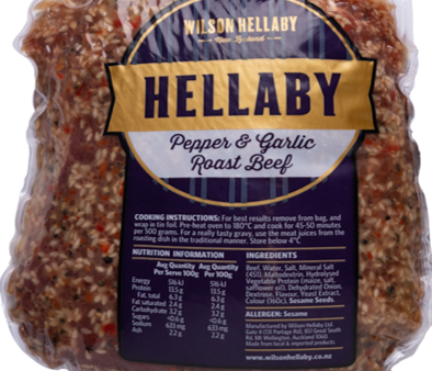 Hellaby BEEF PEPPER AND GARLIC ROAST 
600gm-990gm  $29-$37 PER PACK 
 Price below per KG Online