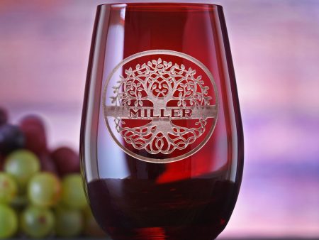 Custom Family Tree Red Stemless Wine Glass Tumbler by Crystal Imagery on Sale