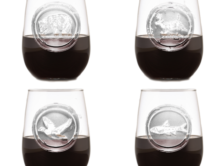 Wildlife 4 Piece Set Stemless Wine Glass - Carved For Sale