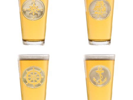 Nautical Themed 4 Piece Set Pint Glass - Deep Carved Wholesale Online