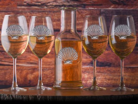 Engraved Seashell Crystal Wine Carafe and Glasses Gift Set For Sale