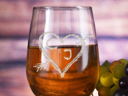 Carved Initials in Heart Stemless Wine Glass Hot on Sale