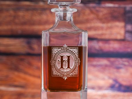 Ornate Monogram Etched Square Whiskey Decanter Online now