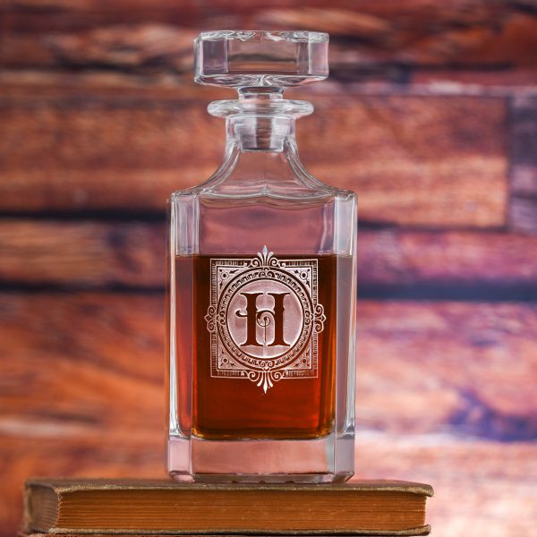 Ornate Monogram Etched Square Whiskey Decanter Online now