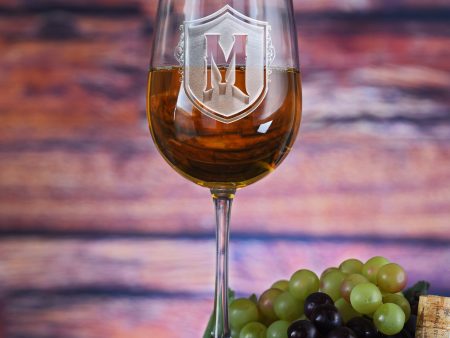 Etched Monogrammed Shield Wine Glass on Sale