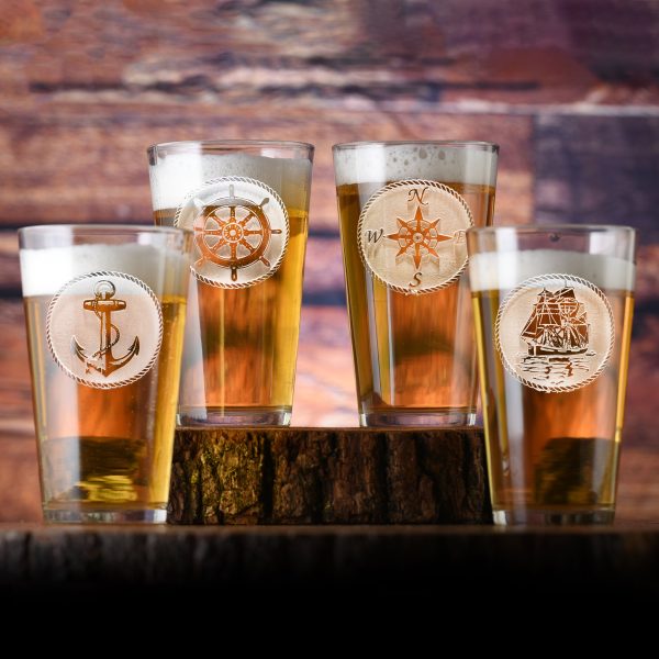 Nautical Themed 4 Piece Set Pint Glass - Deep Carved Wholesale Online