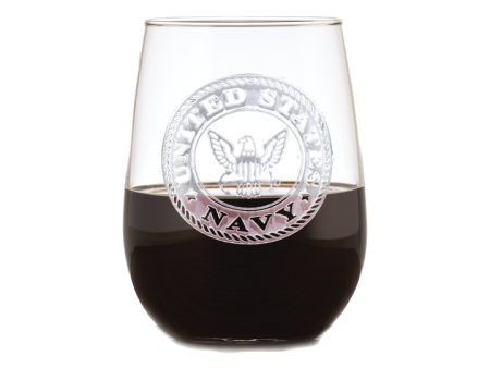 Deep Carved Navy Logo Stemless Wine Glass Hot on Sale