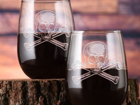 Skull and Crossbones Stemless Wine Glass Set of 2 Discount