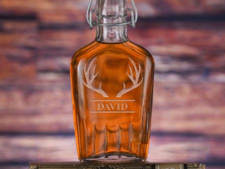 Engraved Custom Whiskey Flask Gift With Antlers and Name For Sale