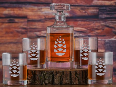 Pinecone Engraved Decanter and Glasses Gift Set on Sale