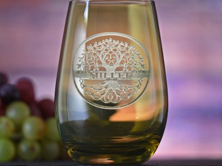 Custom Family Tree Green Stemless Wine Glass Tumbler by Crystal Imagery Sale