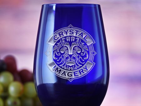 Your Logo Engraved Blue Stemless Wine Glass by Crystal Imagery Hot on Sale