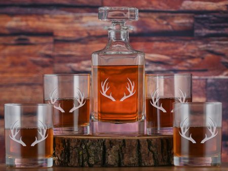 Rustic Antlers Whiskey Decanter and Glasses Gift Set of 5 Online now