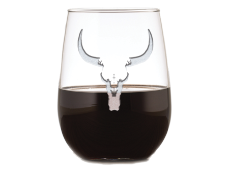 Deep Carved Longhorn Steer Skull Stemless Wine Glass For Sale