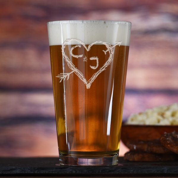 Heart Arrow and Initials Wedding Pub Pint Beer Glass Online Sale